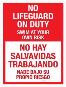 No Lifeguard On Duty Swim At Your Own Risk Spanish Bilingual Portrait - Wall Sign