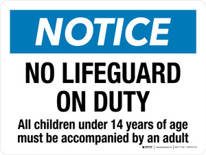 Notice: No Lifeguard On Duty - All Children Under 14 Years Of Age Must Be Accompanied By An Adult Landscape - Wall Sign