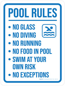 Pool Rules (No Glass, No Diving, No Running, No Food In Pool) Portrait - Wall Sign
