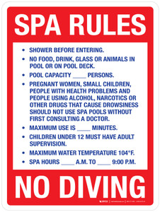 SPA Rules - Spa Hours - No Diving Red Portrait - Wall Sign