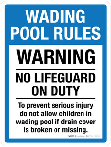 Wading Pool Rules - No Lifequard On Duty Blue Portrait - Wall Sign
