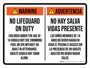 Warning: No Lifeguard On Duty - Children Under The Age Of 14 Spanish Bilingual Landscape - Wall Sign