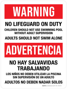 Warning: No Lifeguard On Duty - Children Should Not Use Swimming Pool Without Adult Supervision Spanish Bilingual Portrait - Wall Sign