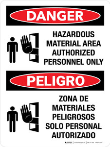 Danger: Hazardous Material Area Authorized Personnel Only Bilingual with Icon Portrait - Wall Sign