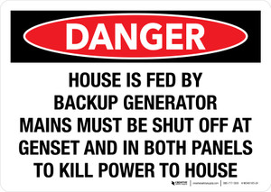 Danger: House Is Fed By Backup Generator - Mains Must Be Shut Off At Genset And In Both Panels To Kill Power To House Landscape - Wall Sign
