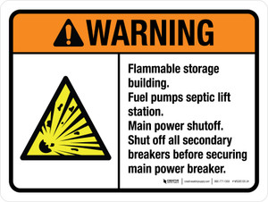 Warning: Flammable Storage Building Fuel Pump Septic Lift Station ANSI Landscape - Wall Sign