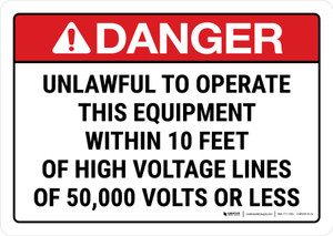 Danger: Unlawful To Operate This Equipment Within 10 Feet Of High Voltage Lines ANSI Landscape - Wall Sign