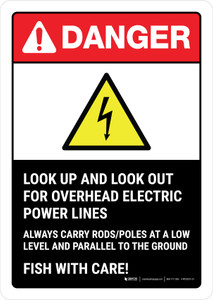 Danger: Look Up And Look Out For Overhead Electric Power Lines - Fish With Care ANSI Portrait - Wall Sign Danger: Look Up And Look Out For Overhead Electric Power Lines - Fish With Care ANSI Portrait - Wall Sign