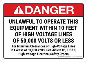 Danger: Unlawful To Operate This Equipment Within 10 Feet Of High Voltage Lines - See Article 86 Title 8 ANSI Landscape - Wall Sign