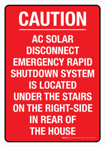 Caution - AC Solar Disconnect Emergency Rapid Shutdown System Location Red Portrait - Wall Sign