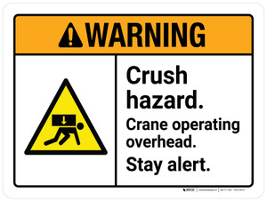 Warning: Crush Hazard Crane Operating Overhead Stay Alert ANSI Landscape - Wall Sign