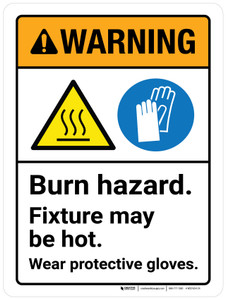 Warning: Burn Hazard Fixture May Be Hot Wear Protective Gloves Portrait - Wall Sign