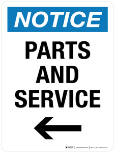Notice: Parts And Service with Right Arrow Portrait - Wall Sign