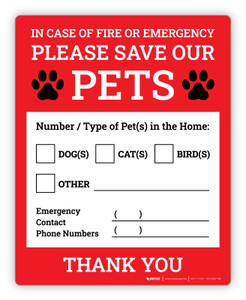 In Case of Fire or Emergency Please Save Our Pets - Label