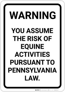 Risk Warning of Equine Activities - Pennsylvania Law - Wall Sign