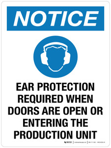 Notice: Ear Protection Required When Doors Are Open Or Entering The Production Unit Portrait - Wall Sign
