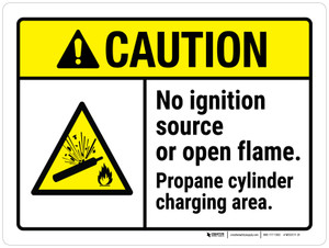 Caution: No Ignition Source Or Open Flame Propane Cylinder Charging Area ANSI Landscape - Wall Sign