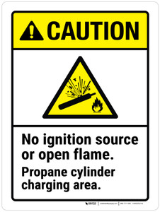 Caution: No Ignition Source Or Open Flame Propane Cylinder Charging Area ANSI Portrait - Wall Sign