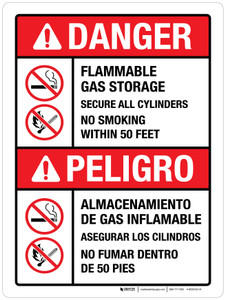 Danger: Flammable Gas Storage Hazards Bilingual ANSI Portrait - Wall Sign