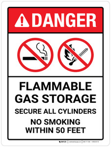 Danger: Flammable Gas Storage Secure All Cylinders No Smoking Within 50 Feet ANSI Portrait - Wall Sign