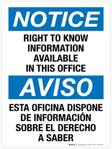 Notice: Right To Know Information Available In This Office Bilingual Portrait - Wall Sign