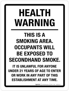 Health Warning: This Is A Smoking Area Occupants Will Be Exposed To Secondhand Smoke Portrait - Wall Sign