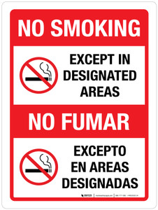 No Smoking: Except In Designated Areas Bilingual Portrait - Wall Sign