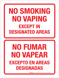 No Smoking No Vaping - Except in Designated Areas Bilingual Portrait - Wall Sign