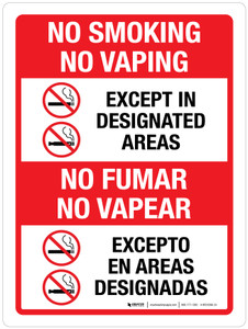 No Smoking No Vaping Except In Designated Areas - Bilingual Portrait - Wall Sign