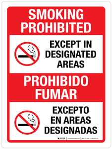 Smoking Prohibited Except in Designated Areas Bilingual Portrait - Wall Sign