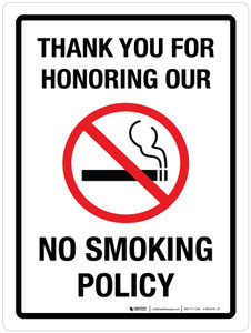 Thank You For Honoring Our No Smoking Policy Portrait - Wall Sign