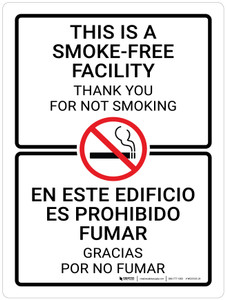This Is A Smoke-Free Facility - Thank You For Not Smoking with Icon Bilingual Portrait - Wall Sign