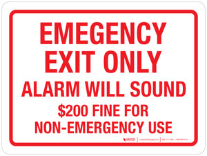Emergency Exit Only - Alarm Will Sound - $200 Fine For Non-Emergency Use Landscape - Wall Sign