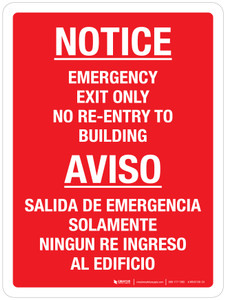 Notice - Emergency Exit Only No Re-Entry To Building - Bilingual Portrait - Wall Sign