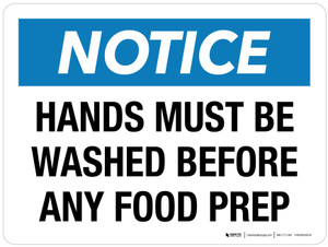 Notice: Hands Must Be Washed Before Any Food Prep Landscape - Wall Sign