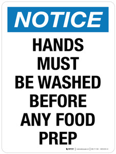 Notice: Hands Must Be Washed Before Any Food Prep Portrait - Wall Sign