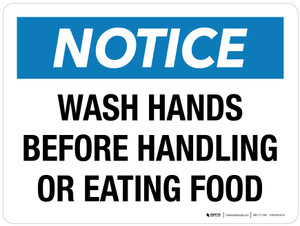 Notice: Wash Hands Before Handling Or Eating Food Landscape - Wall Sign