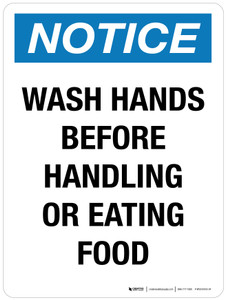 Notice: Wash Hands Before Handling Or Eating Food Portrait - Wall Sign