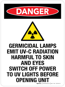 Danger: Germicidal Lamps Emit UV-C Radiation Harmful To Skin And Eyes Portrait - Wall Sign