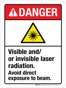 Danger: Visible And Or Invisible Laser Radiation Avoid Direct Exposure To Beam ANSI Portrait - Wall Sign