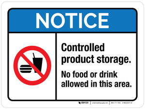 Notice: Controlled Product Storage - No Food Or Drink Allowed In This Area ANSI Landscape - Wall Sign