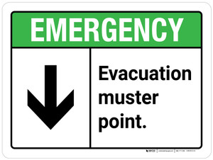 Emergency: Evacuation Muster Point with Down Arrow ANSI Landscape - Wall Sign