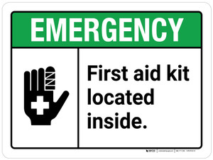 Emergency: First Aid Kit Located Inside ANSI Landscape - Wall Sign