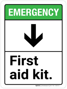 Emergency: First Aid Kit with Down Arrow ANSI Portrait - Wall Sign