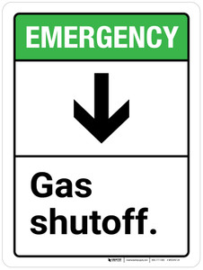 Emergency: Gas Shutoff with Down Arrow ANSI Portrait - Wall Sign