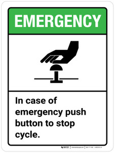 Emergency: In Case of Emergency Push Button to Stop Cycle ANSI Portrait - Wall Sign