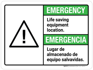 Emergency: Life Saving Equipment Location Spanish ANSI Landscape - Wall Sign