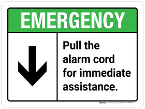 Emergency: Pull the Alarm Cord for Immediate Assistance with Down Arrow ANSI Landscape - Wall Sign