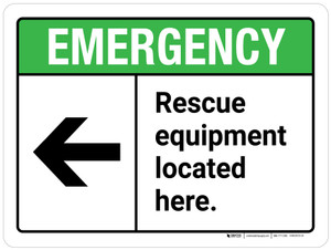 Emergency: Rescue Equipment Located Here with Left Arrow ANSI Landscape - Wall Sign