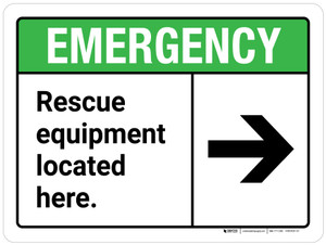 Emergency: Rescue Equipment Located Here with Right Arrow ANSI Landscape - Wall Sign